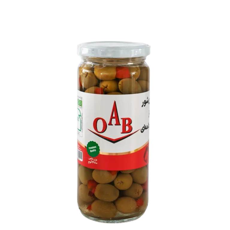 زیتون شور با مغز فلفل دلمه‌ای ۵۰۰ گرمی OAB